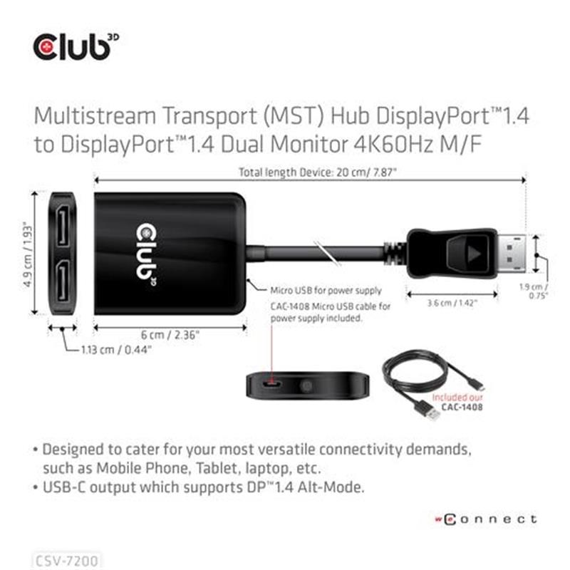 CLUB3D Multistream Transport (MST) Hub DisplayPort™1.4 naar DisplayPort™1.4 Dual Monitor 4K60Hz M/V