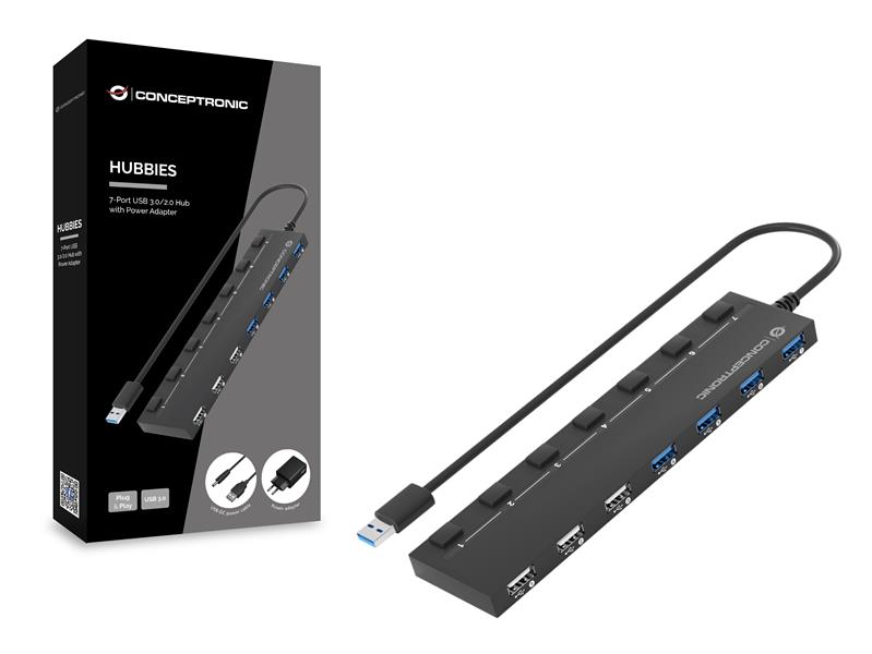 Conceptronic HUBBIES09BP interface hub USB 3.2 Gen 1 (3.1 Gen 1) Type-A 5000 Mbit/s Zwart