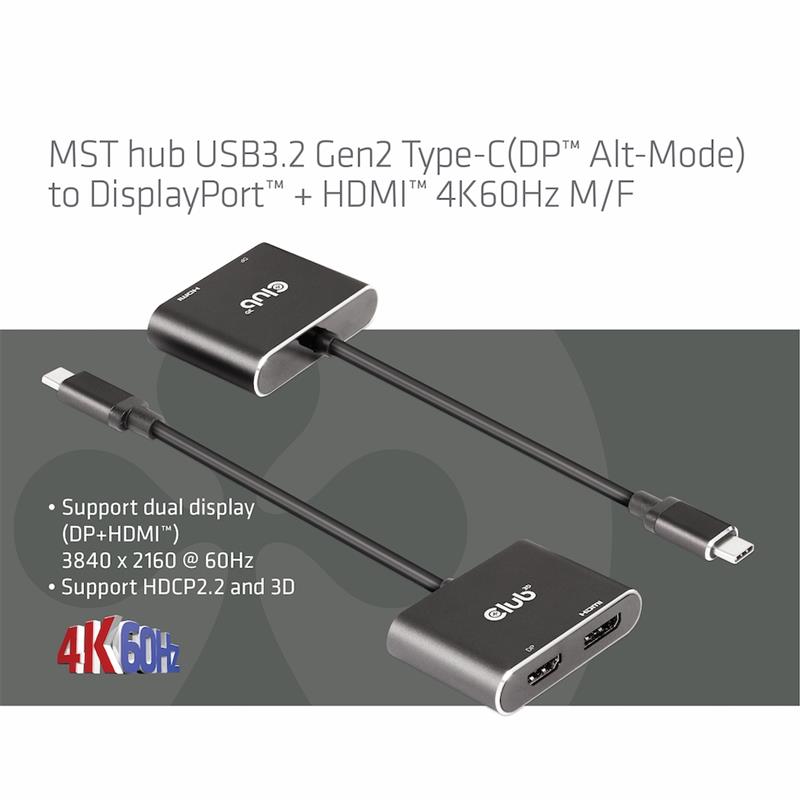 CLUB3D MST hub USB3.2 Gen2 Type-C(DP Alt-Mode) to DisplayPort + HDMI 4K60Hz M/V