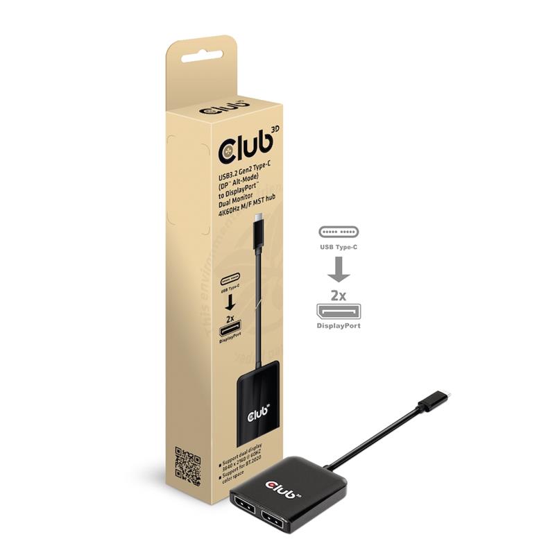 CLUB3D USB3.2 Gen2 Type-C(DP Alt-Mode) to DisplayPort Dual Monitor 4K60Hz M/F MST hub