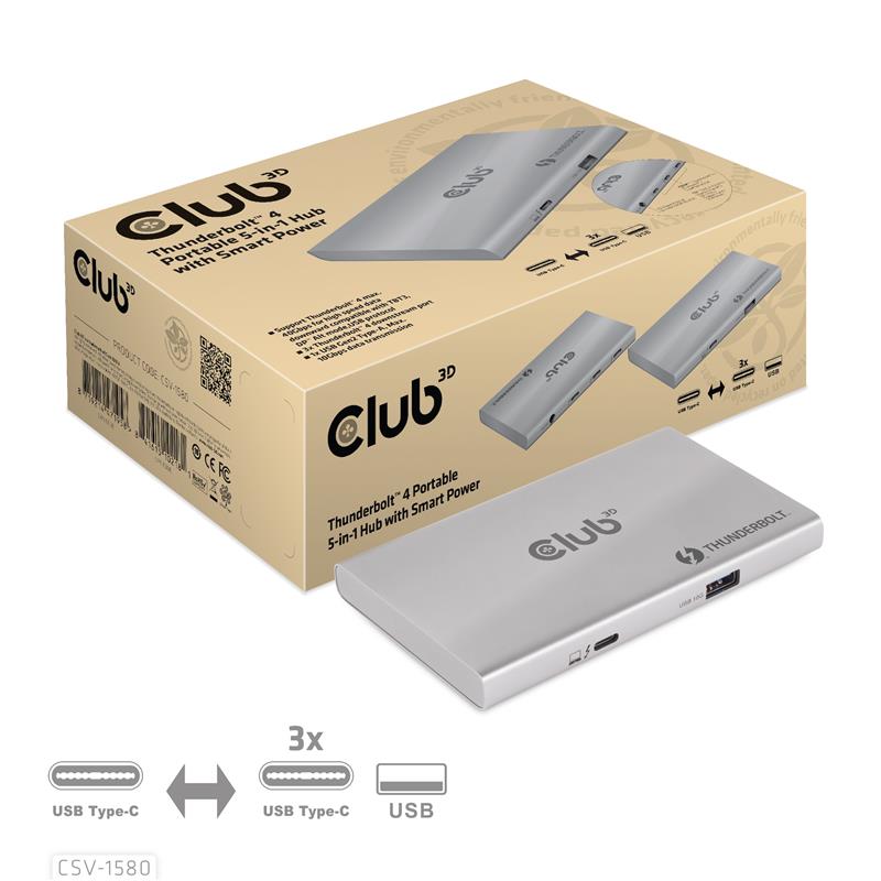 CLUB3D Certified Thunderbolt™4 Portable 5-in-1 Hub met Smart Power