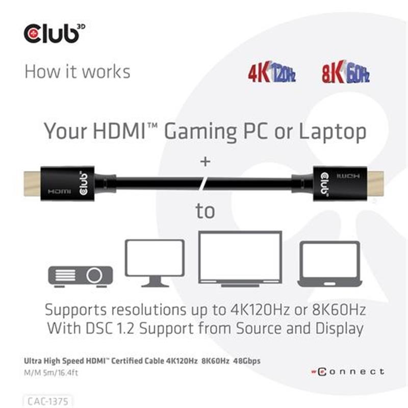CLUB3D Ultra High Speed HDMI™2.1 gecertificeerde kabel 4K120Hz, 144Hz 48Gbps M/V 5 Meter