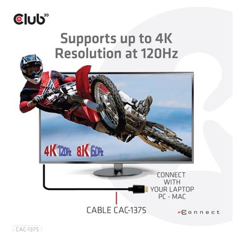 CLUB3D Ultra High Speed HDMI™2.1 gecertificeerde kabel 4K120Hz, 144Hz 48Gbps M/V 5 Meter