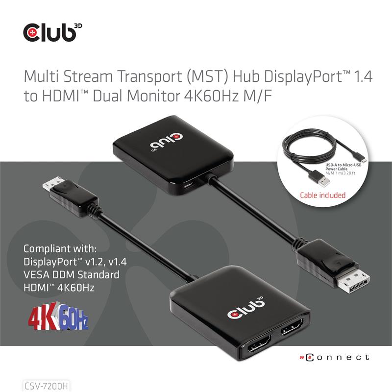 CLUB3D Multi Stream Transport (MST) Hub DisplayPort 1.4 to HDMI Dual Monitor 4K60Hz M/F