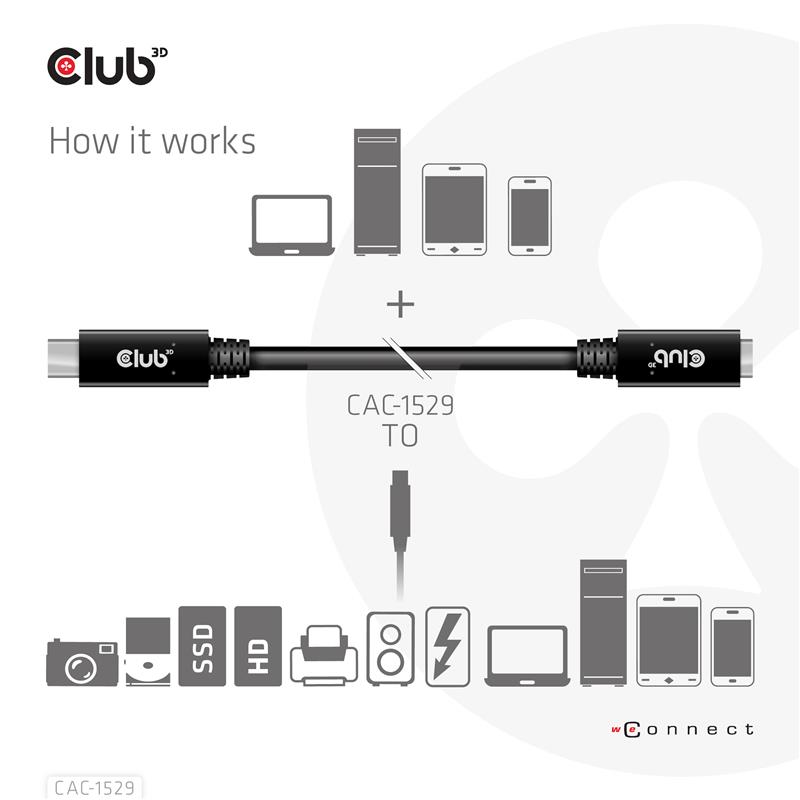 CLUB3D USB Gen1 Type-C Extensie kabel 5Gbps 60W(20V/3A) 4K60Hz M/F 1m/3.28ft