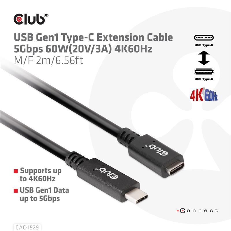 CLUB3D USB Gen1 Type-C Extensie kabel 5Gbps 60W(20V/3A) 4K60Hz M/F 1m/3.28ft