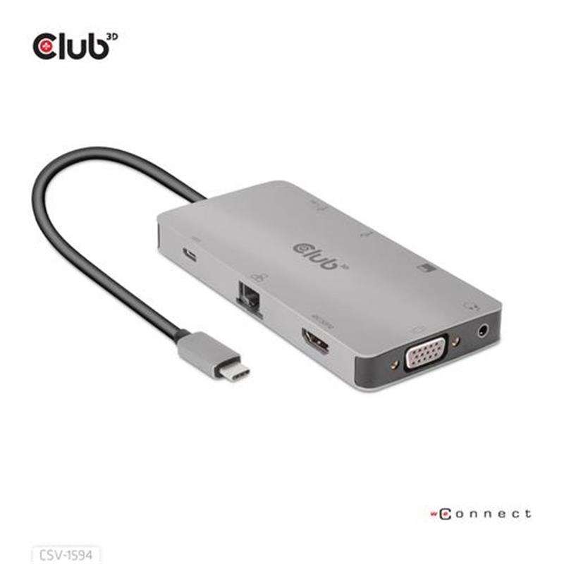 CLUB3D USB Gen1 Type-C 9-in-1 hub with HDMI VGA 2x USB Gen1 Type-A RJ45 SD Micro SD card slots and USB Gen1 Type-C Female port