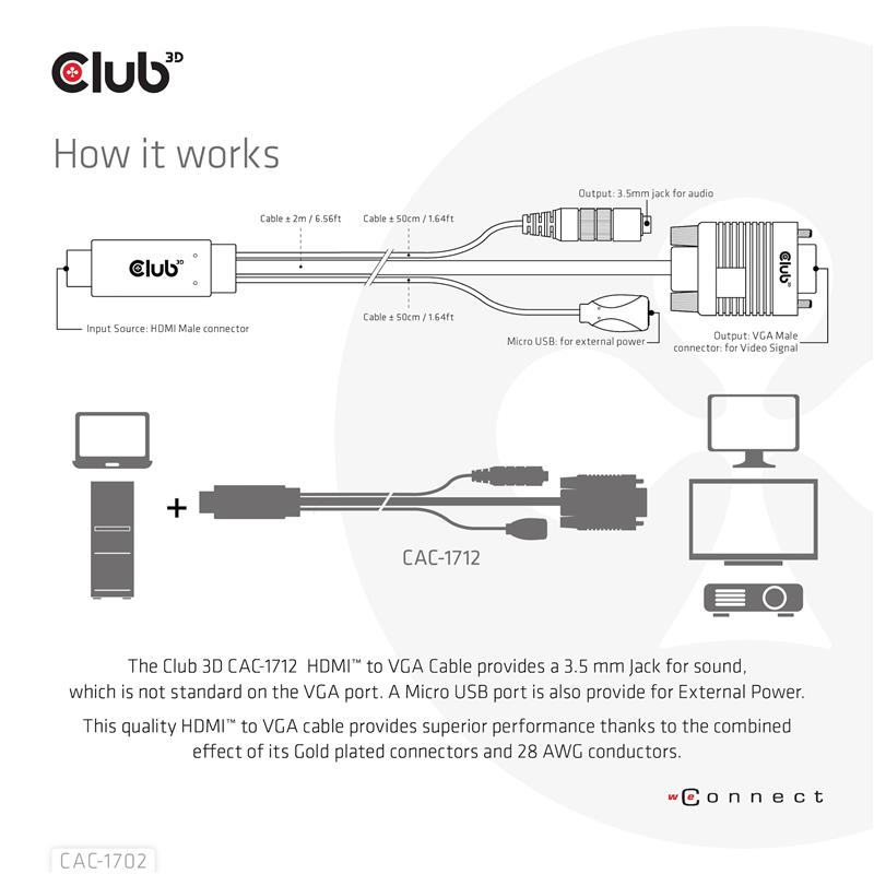CLUB3D HDMI to VGA Cable M/M 2m/6.56ft 28AWG