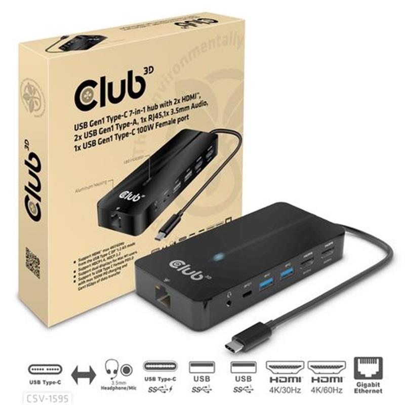 CLUB3D Type-C 7-in-1 hub met 2x HDMI, 2x USB Gen1 Type-A, 1x RJ45, 1x 3.5mm Audio,1x USB Gen1 Type-C 100W Silicon motion chip geschikt voor apple m1/2