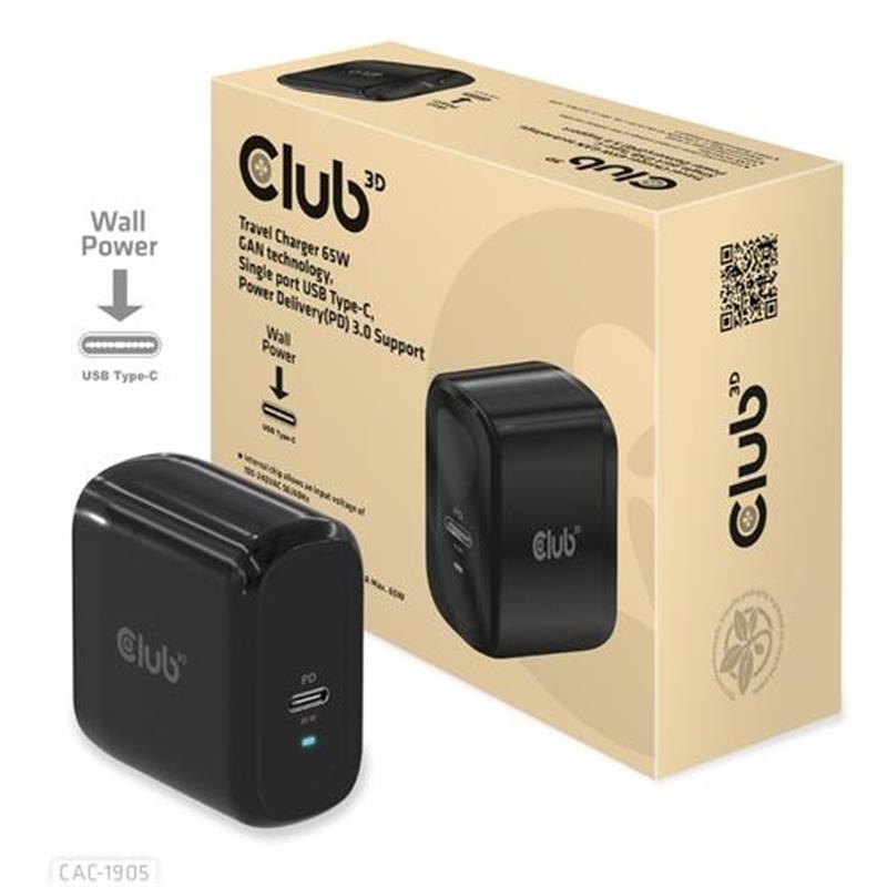 CLUB3D Travel Charger 65W GAN technology, Single port USB Type-C, Power Delivery(PD) 3.0 Support ( geschikt voor Apple macbooks 65W max)