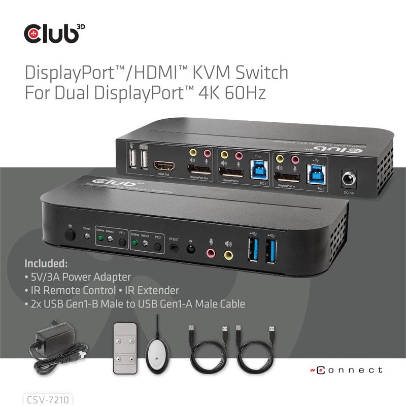 CLUB3D DisplayPort HDMI KVM Switch For Dual DisplayPort 4K 60Hz