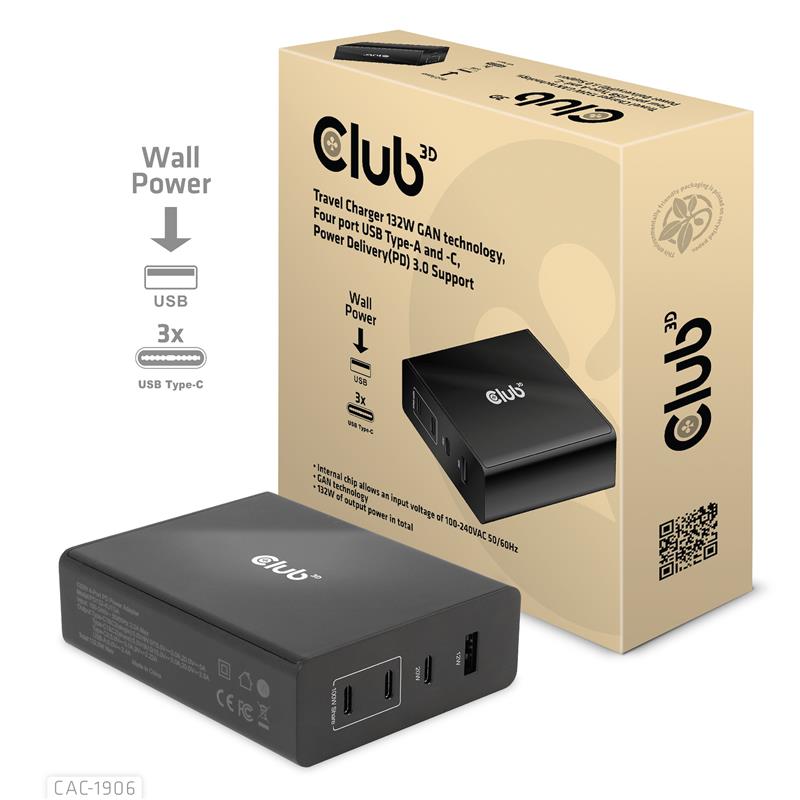 CLUB3D Travel Charger 132W GAN technology, Four port USB Type-A and -C, Power Delivery(PD) 3.0 Support