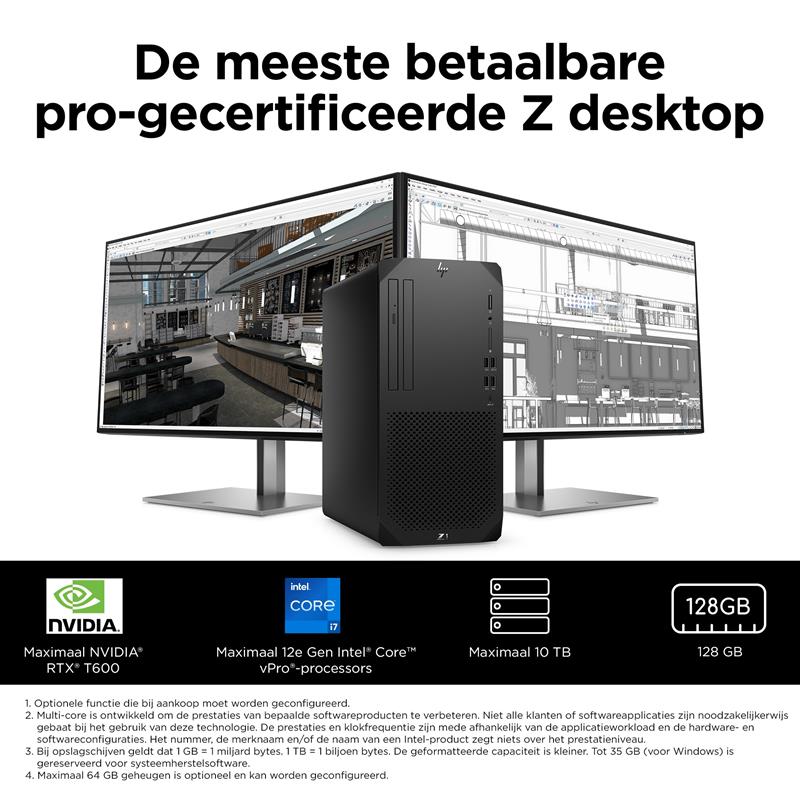 HP Z1 G9 i7-12700 Tower Intel® Core™ i7 32 GB DDR5-SDRAM 1000 GB SSD Windows 10 Pro PC Zwart
