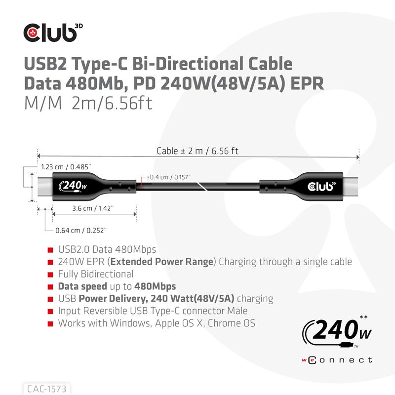 CLUB3D USB2 Type-C Bi-Directional Cable, Data 480Mb,PD 240W(48V/5A) EPR M/M 2m USB IF GECERTIFICEERD