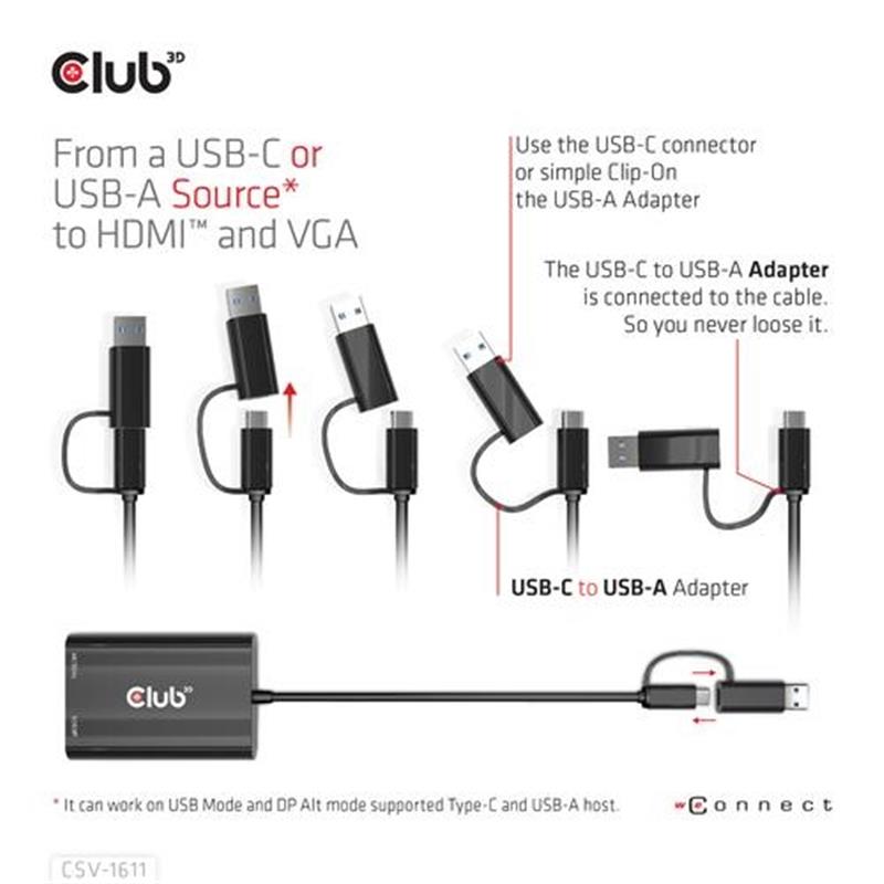 CLUB3D USB Gen1 Type-C -A to Dual HDMI 4K 30Hz VGA 1080 60Hz 