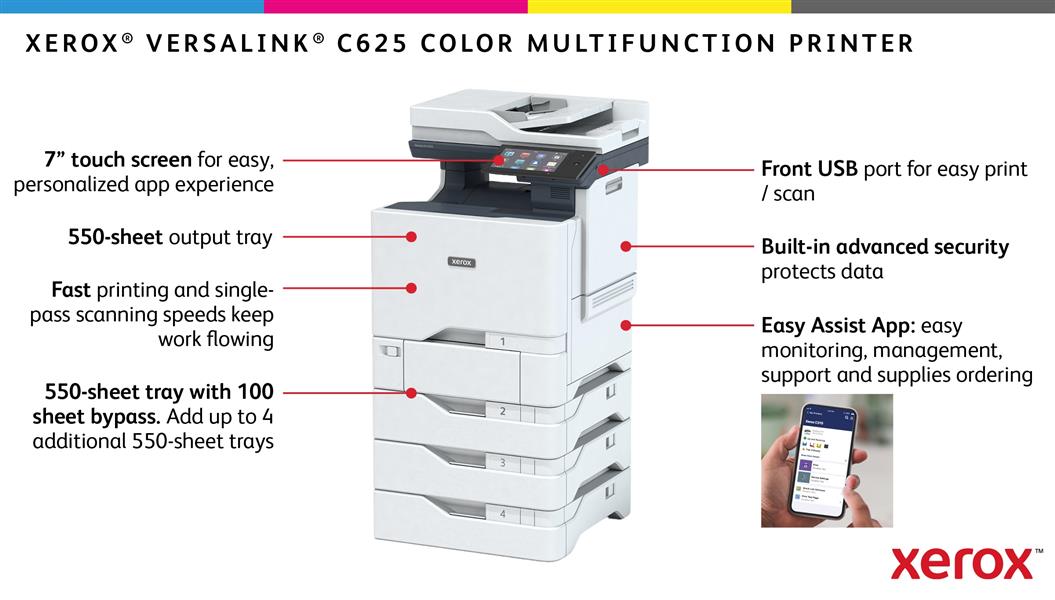 Xerox VersaLink C625 A4 50 ppm dubbelzijdig kopiëren en printen, scannen en faxen, geschikt voor PS3 PCL5e/6 2 laden voor max. 650 vel