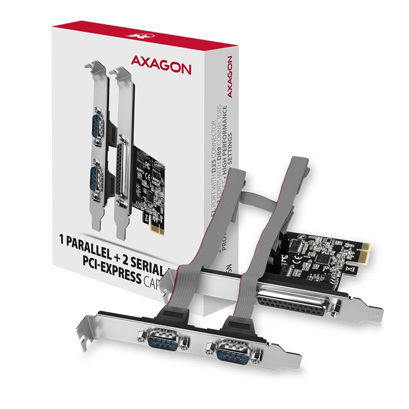 Axagon PCEA-PSN PCIe-Adapter mit 1x Parallel-+ 2x Seriell-Ports - ASIX AX99100 interfacekaart/-adapter Intern Parallel, RS-232