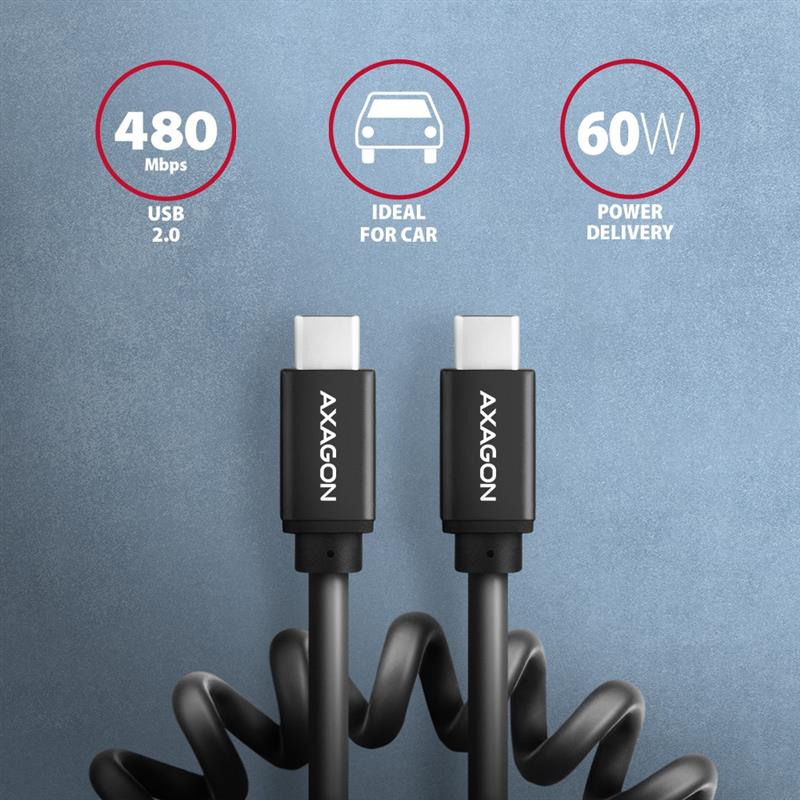 AXAGON TWISTER cable USB-C <-> USB-C 1 1m USB 2 0 PD 60W 3A ALU tpe black