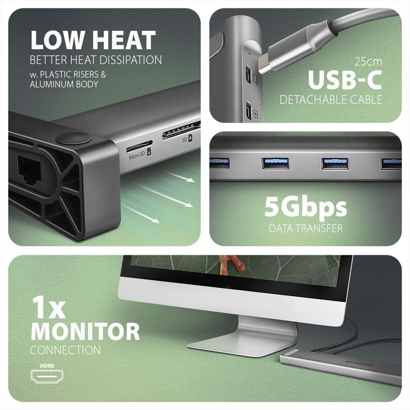 Axagon HMC-10HLS laptop dock & poortreplicator Bedraad USB 3.2 Gen 1 (3.1 Gen 1) Type-C Zwart, Grijs