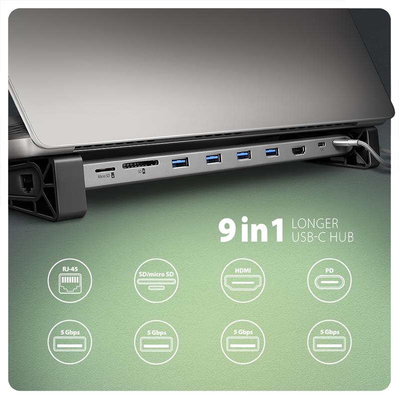 Axagon HMC-10HLS laptop dock & poortreplicator Bedraad USB 3.2 Gen 1 (3.1 Gen 1) Type-C Zwart, Grijs