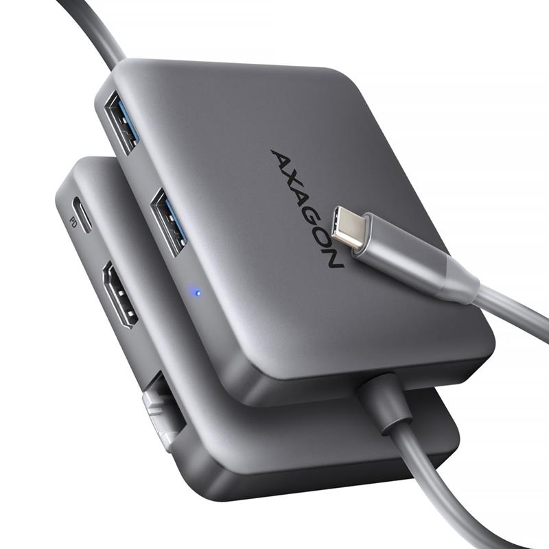 Axagon N HMC-5HL USB 5Gbps hub 2x USB-A HDMI 4k/60Hz RJ-45 GLAN PD 100W kabel USB-C Bedraad USB 3.2 Gen 1 (3.1 Gen 1) Type-C Zilver