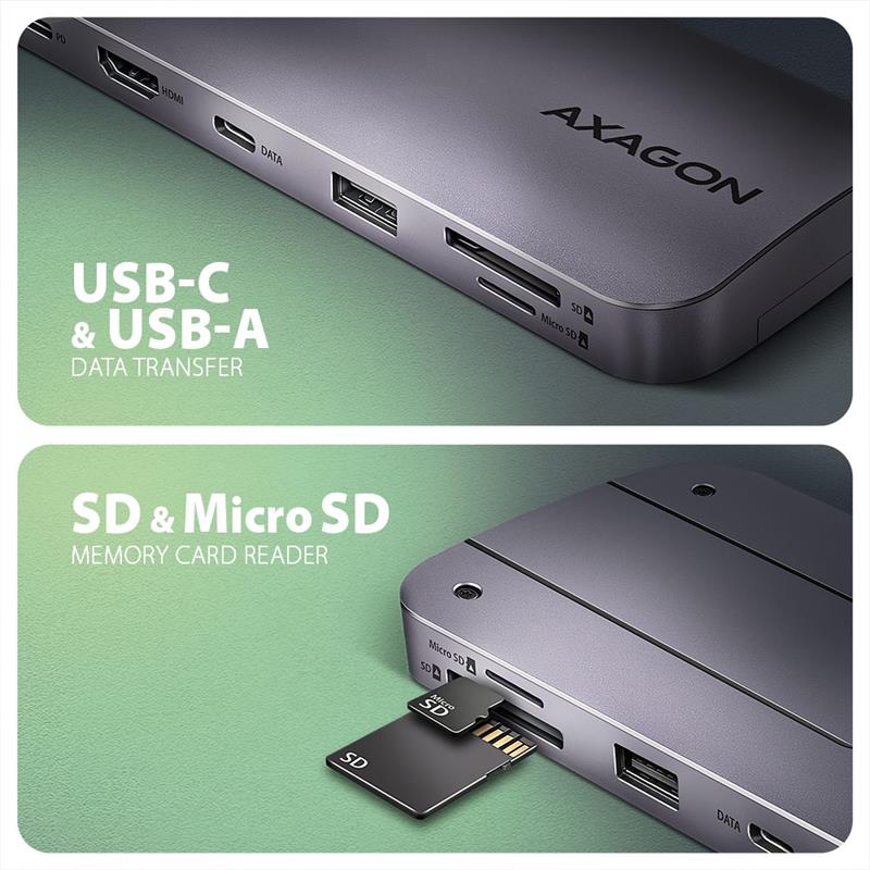 Axagon HMC-6GM2 USB 10Gbps hub USB-A USB-C HDMI M.2 SD/mSD PD 100W USB-C Bedraad USB 3.2 Gen 2 (3.1 Gen 2) Type-C Grijs