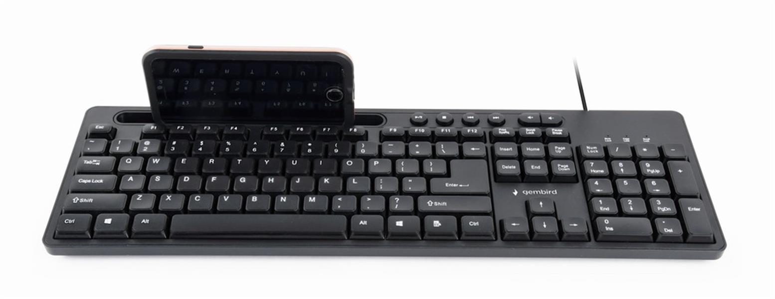Multimedia toetsenbord met telefoonhouder zwart