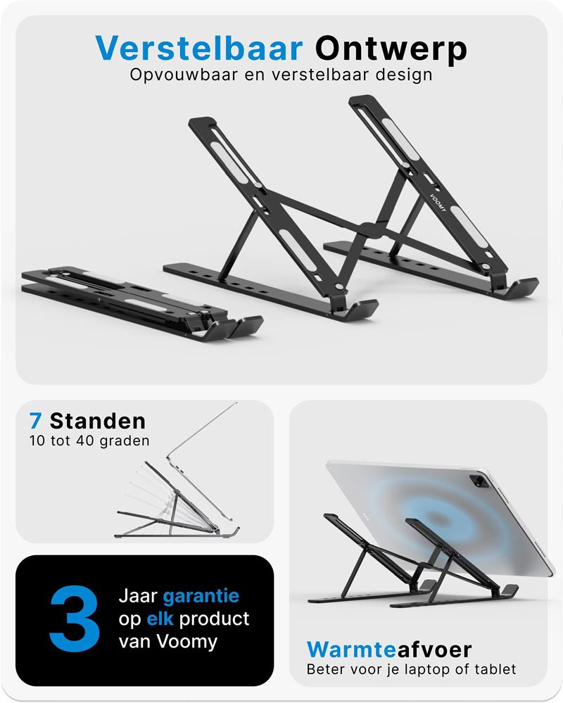 Voomy Office T3 - Laptop Standaard Verstelbaar - Ergonomisch - Aluminium Zwart Zwart