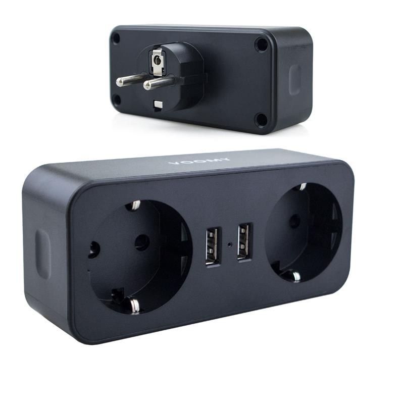 Voomy Split X2 - Verdeelstekker 2 USB-A 2 EU - Zwart Zwart