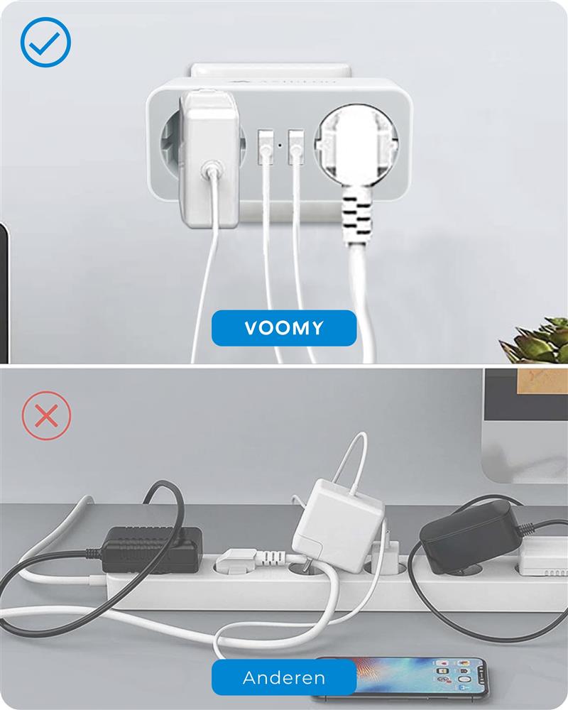 Voomy Split X2 - Verdeelstekker 2 USB-A 2 EU - Zwart Zwart