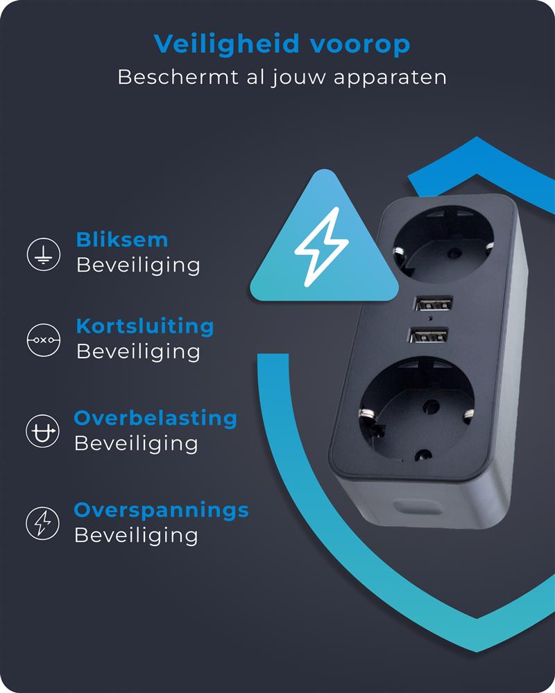 Voomy Split X2 - Verdeelstekker 2 USB-A 2 EU - Zwart Zwart