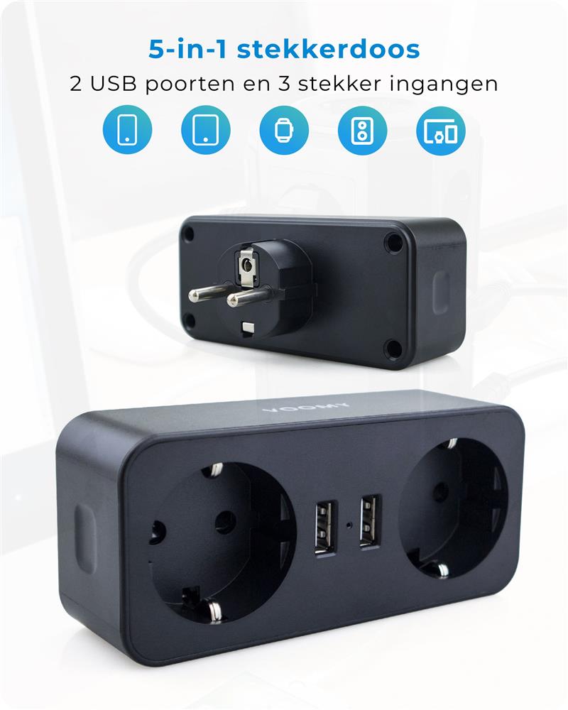 Voomy Split X2 - Verdeelstekker 2 USB-A 2 EU - Zwart Zwart