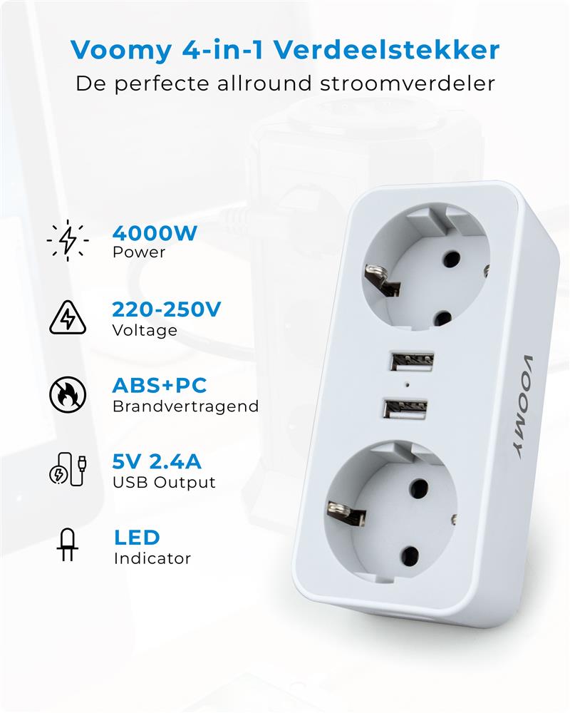 Voomy Split X2 - Verdeelstekker - 2 USB-A 2 EU - Wit Wit