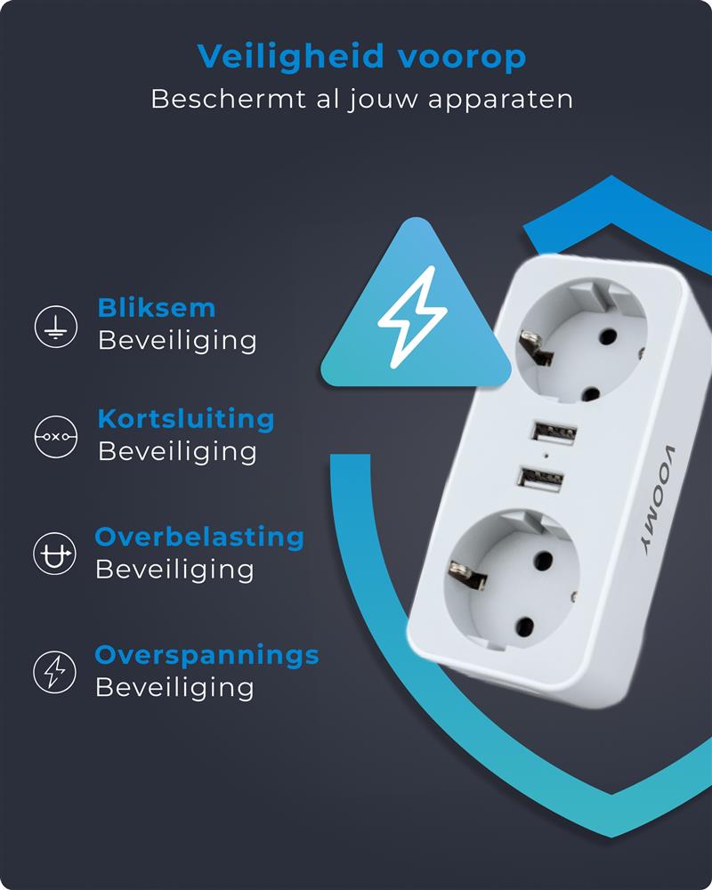 Voomy Split X2 - Verdeelstekker - 2 USB-A 2 EU - Wit Wit