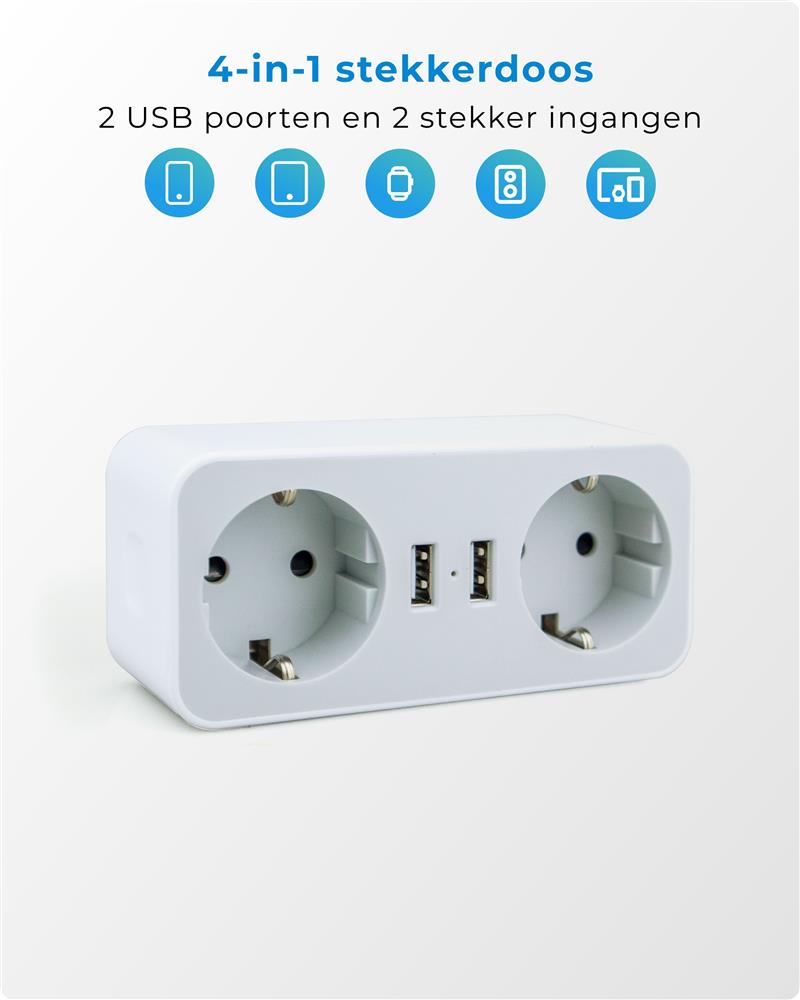 Voomy Split X2 - Verdeelstekker - 2 USB-A 2 EU - Wit Wit