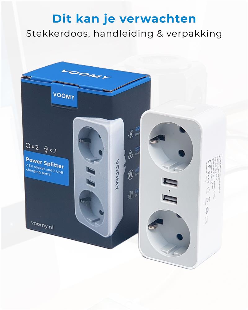 Voomy Split X2 - Verdeelstekker - 2 USB-A 2 EU - Wit Wit