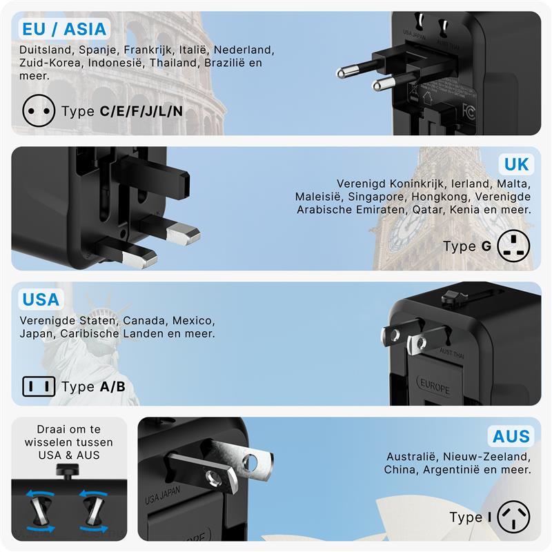 Voomy Travel Y10 - Reisstekker Wereld - 150 Landen - 2 USB Poorten - Wereldstekker - Zwart Zwart