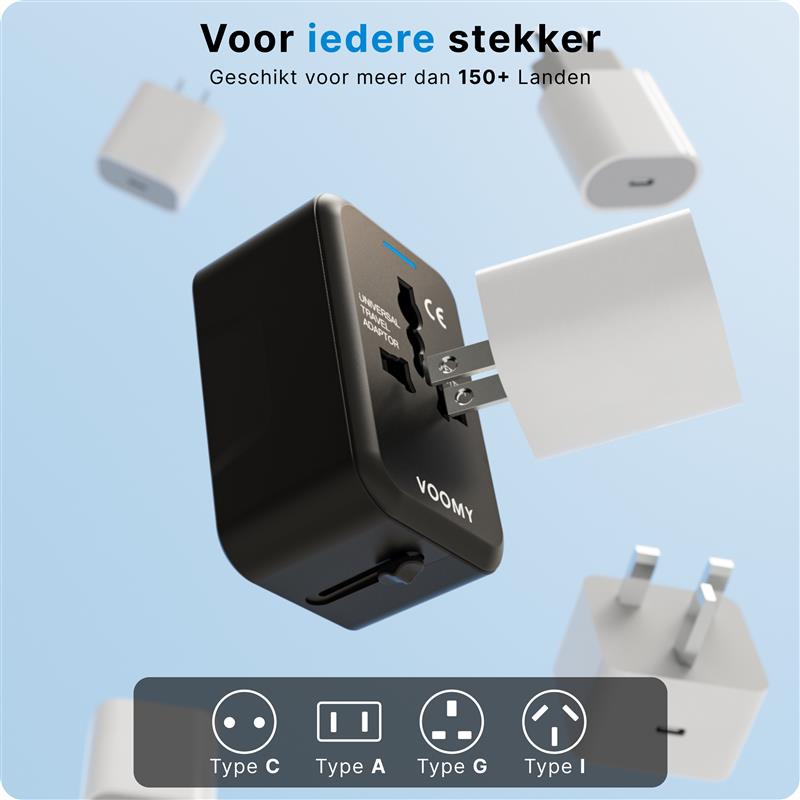 Voomy Travel Y10 - Reisstekker Wereld - 150 Landen - 2 USB Poorten - Wereldstekker - Zwart Zwart