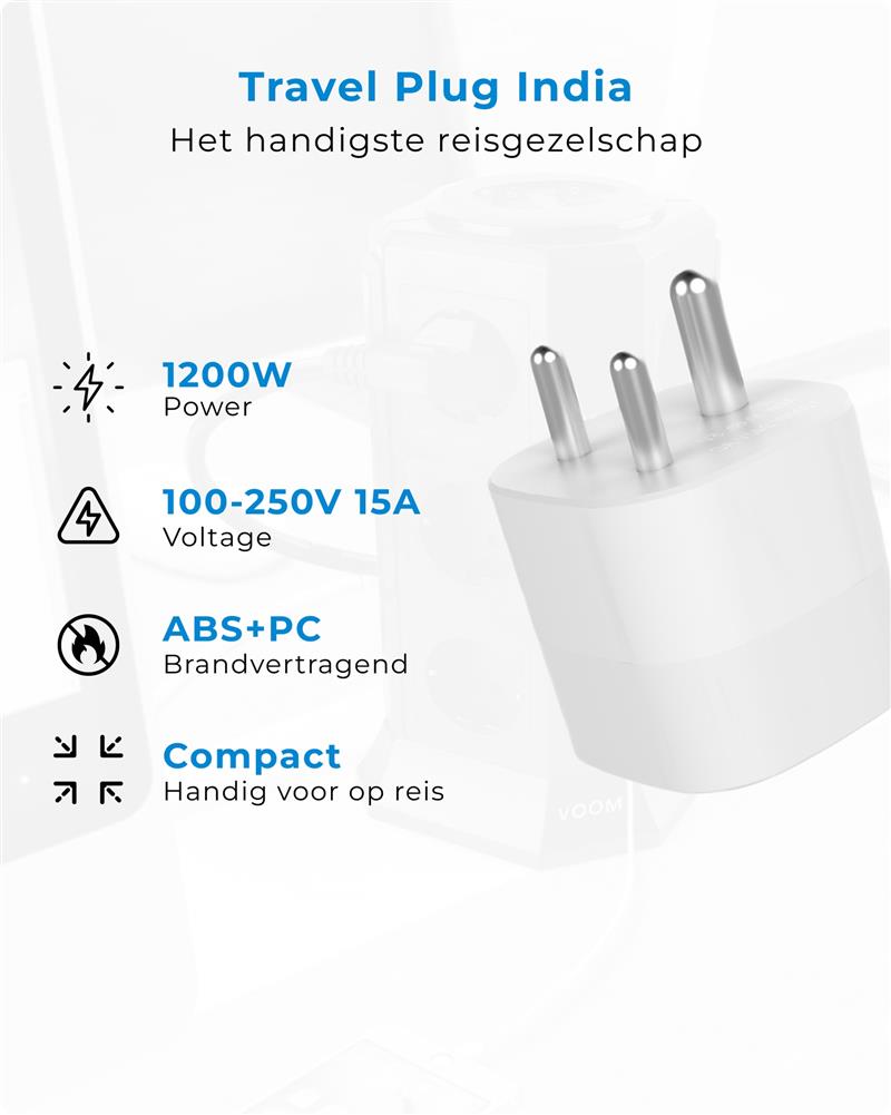 Voomy - Reisstekker India Nepal - Wereldstekker Type D - Wit Wit