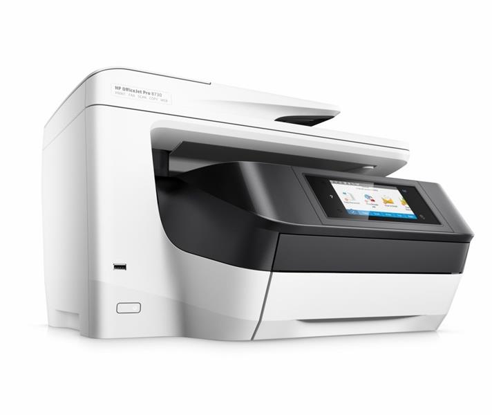 HP OfficeJet Pro 8730 All-in-One printer, Printen, kopiëren, scannen, faxen, Invoer voor 50 vel; Printen via USB-poort aan voorzijde; Scans naar e-mai