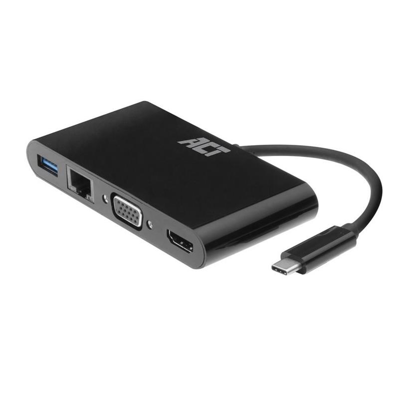 ACT USB-C naar HDMI of VGA female multiport adapter ethernet en 1x USB-A Zip Bag