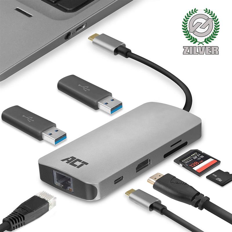 ACT AC7041 USB-C naar HDMI multiport adapter met ethernet, USB hub, cardreader en PD pass through