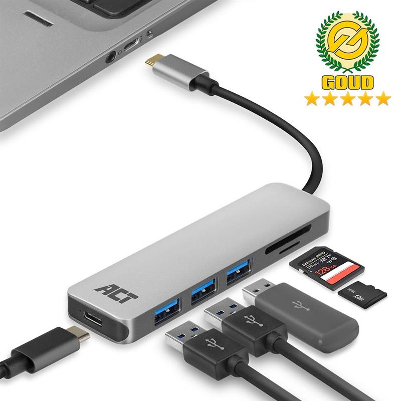 ACT AC7050 3-Poorts USB-C 3.2 Gen1 (USB 3.0) Hub met kaartlezer en PD Pass-Through poort