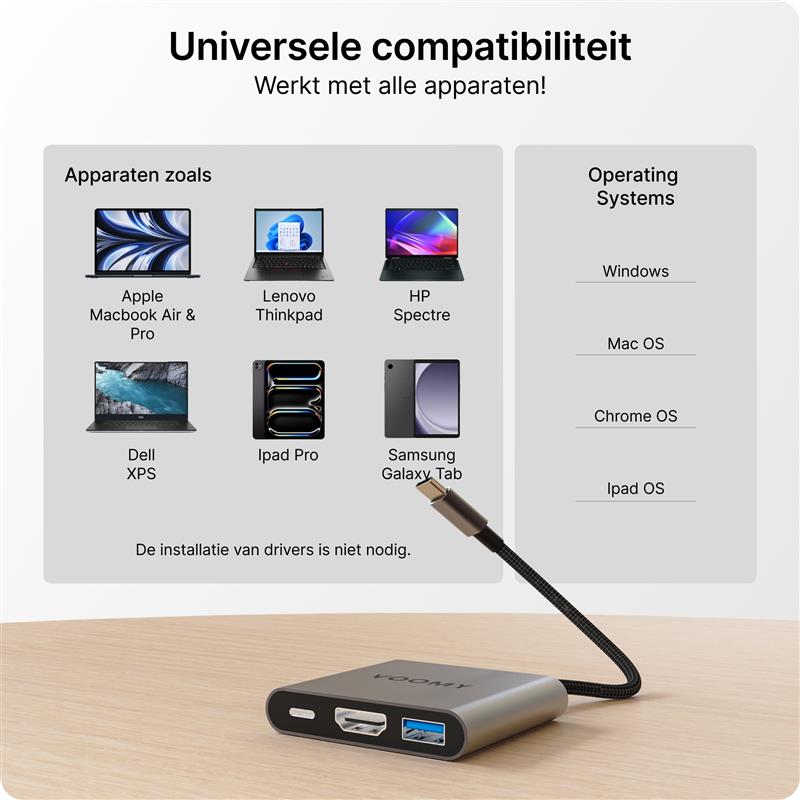 Voomy Connect H3 - 3 in 1 Hub - 4K HDMI - USB-C 100W