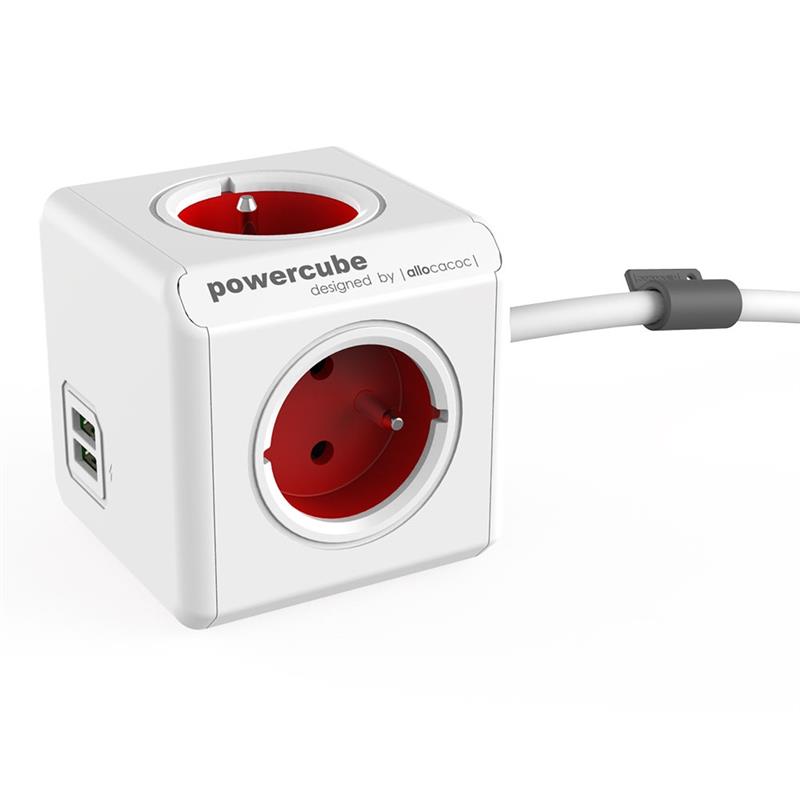 Allocacoc PowerCube Extended stekkerdoos met USB poorten 3 sockets type E 1 5m wit rood