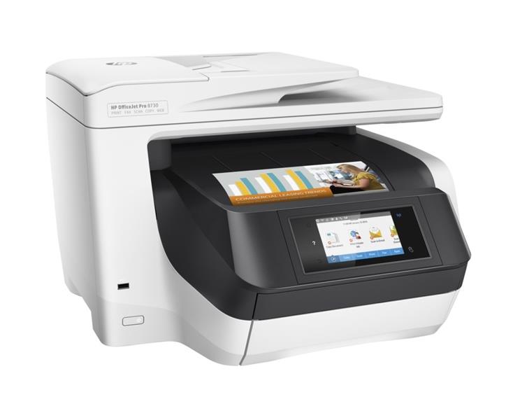 HP OfficeJet Pro 8730 All-in-One printer, Printen, kopiëren, scannen, faxen, Invoer voor 50 vel; Printen via USB-poort aan voorzijde; Scans naar e-mai