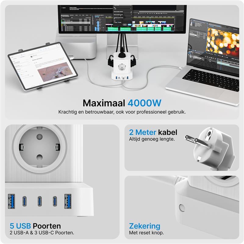 Voomy Power S65 - 65W Stekkerdoos 3 USB-C & 2 USB-A 4000W Wit