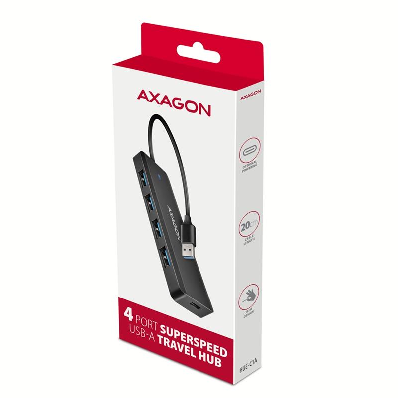 Axagon HUE-C1A interface hub USB 3.2 Gen 1 (3.1 Gen 1) Type-A 5000 Mbit/s Zwart