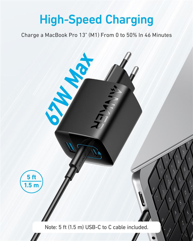 Anker 336 Charger (67W) Mobiele computer, Mobiele telefoon, Laptop, Powerbank, Smartphone, Smartwatch, Tablet, Horloge, Draagbare uitrusting (wearable