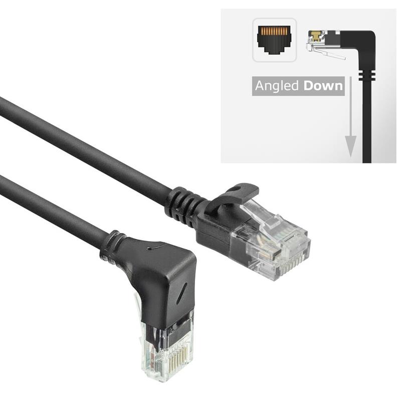 ACT Zwarte 0,5 meter U/UTP CAT6A LSZH slimline patchkabel met RJ45 connectoren, recht naar 90° haaks beneden